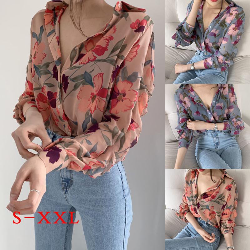 

Fashion Women Chiffon Long Puff Sleeve Printed V-Neck Top Ladies Button Shirts 2020 Oversized Summer Shirts blusas mujer de moda, Pink
