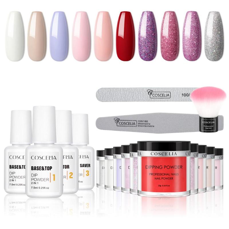 

COSCELIA 6pc/10pc 10g Dipping Nail Powder Set Base Top Coat Glitter Powder Natural Dry Without Lamp Cure Nail Art Decoration