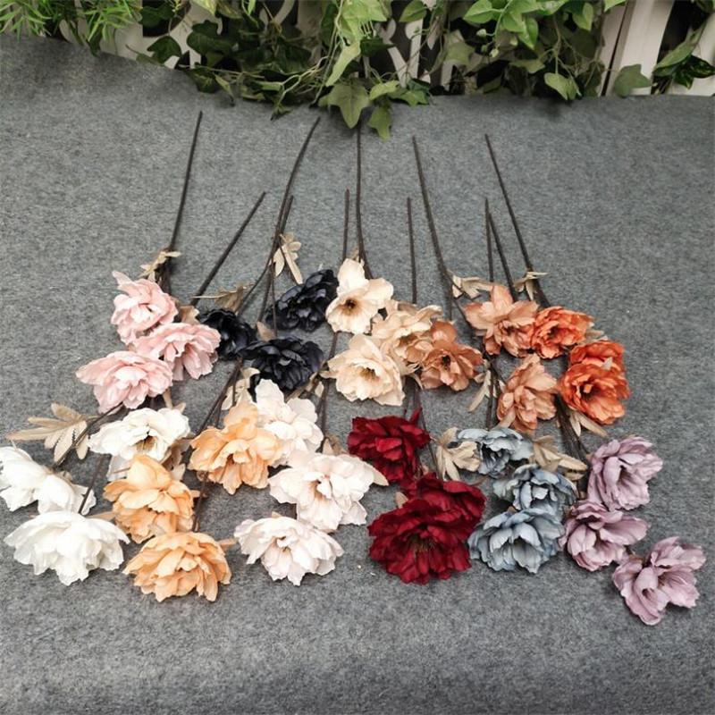 

7P Fake Long Stem Autumn Peony (3 Heads/Piece) 25.98" Length Simulation Oil Painting Peonia for Wedding Home Artificial Flowers, Beige