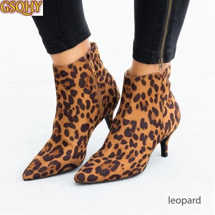 

NEW Women's Ankle Boots Leopard Women Pointed Toe Ladies Chunky High heel Female Shoes Woman Footwear Plus Size 35-43 Snake, Black