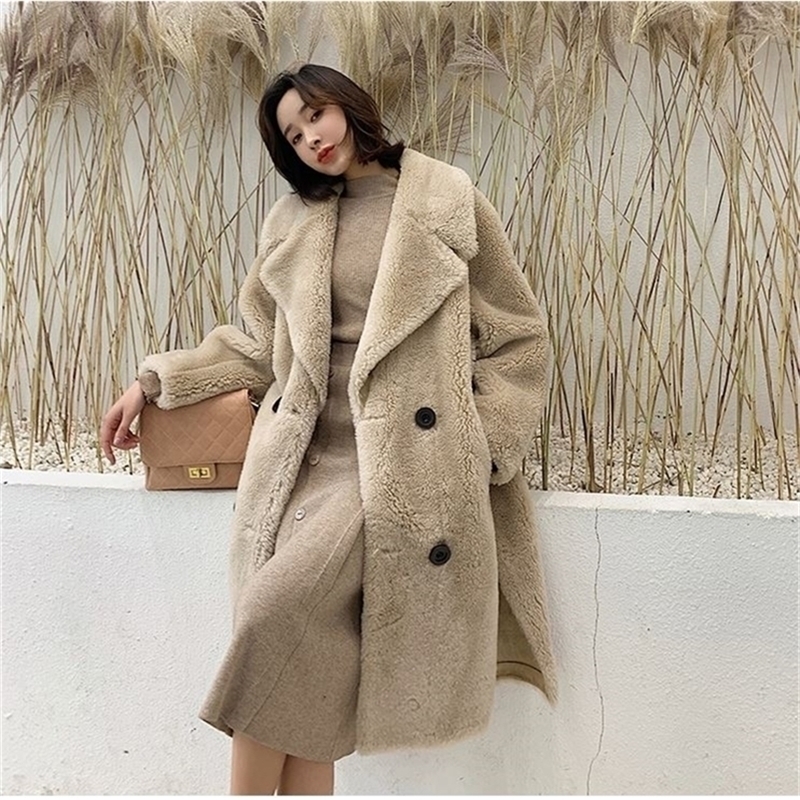 Obrix Winter Straight Female 100% Sheep Wool V-Neck Double Breasted Casual Full Sleeve Streetwear Fashionable Fur Coat For Women 201218Z