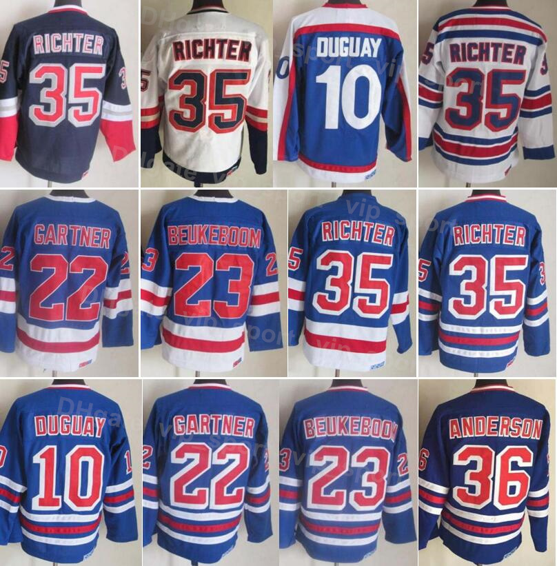 

Men Ice Hockey Vintage Retro 10 Ron Duguay Jersey 22 Mike Gartner 23 Jeff Beukeboom 36 Glenn Anderson 35 Mike Richter 75th Anniversary Blue Whte Stitched YouQiBing, 35 white