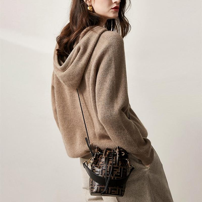 

BARESKIY 2020 autumn and winter new cashmere hoodie women loose and thin short pullover 100% pure wool sweater sweater, Khaki