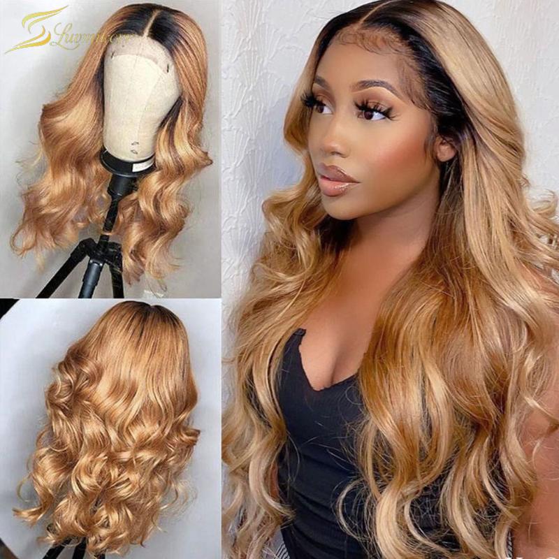 

Ombre Honey Blonde Color Wavy Human Hair Wigs Brazilian Preplucked Body Wave HD Transparent Full Wig For Black Women 250 Density, As pic