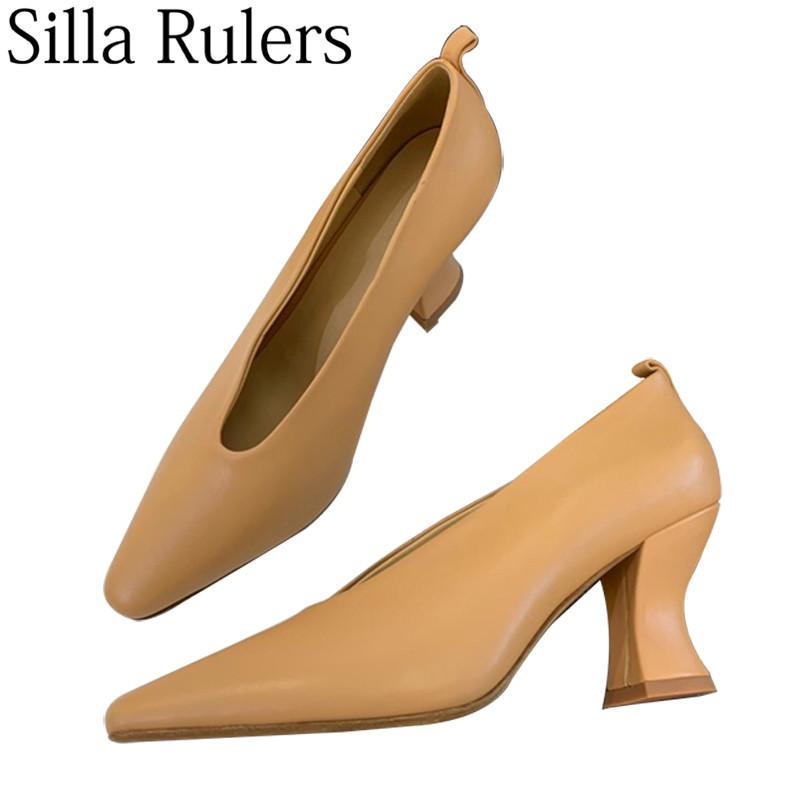 

2020 new genuine leather chunky high heel pumps women pointed toe shallow shoes woman high heel runway shoes slip on mules woman, Black