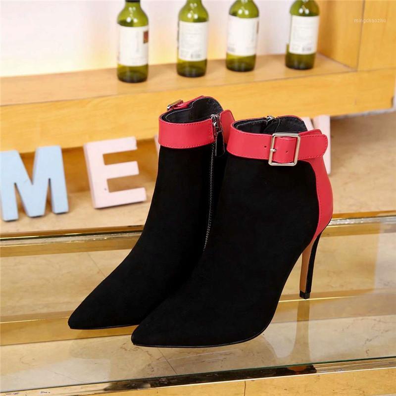 

Women Boots Ankle High Heel Buckle Decor Genuine Leather Female Boot Autumn Winter Pointed Toe1, Black