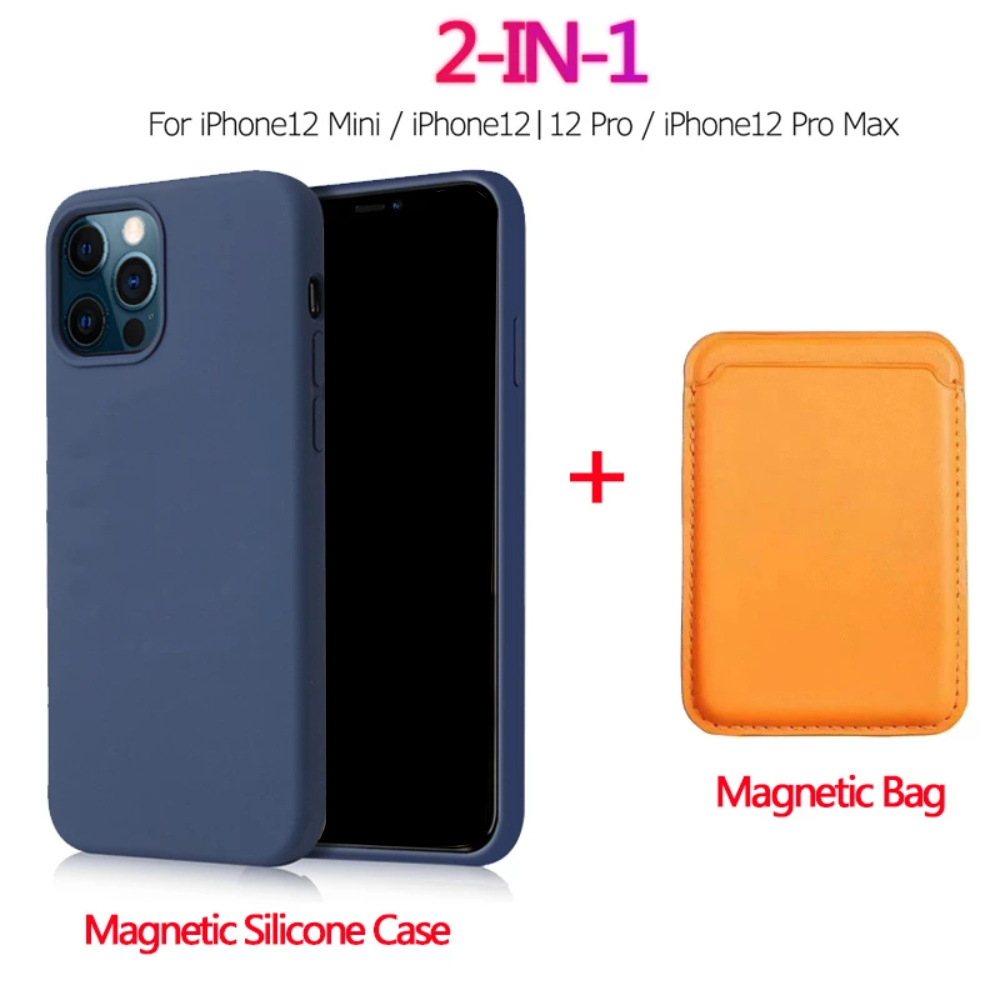 

2 in 1 Magnetic Liquid Silicone Case + Wallet Card Bag for IPhone 12 Pro Max Mini Magsafe Magnet Card Holder for iPhone 12, Plum+yellow