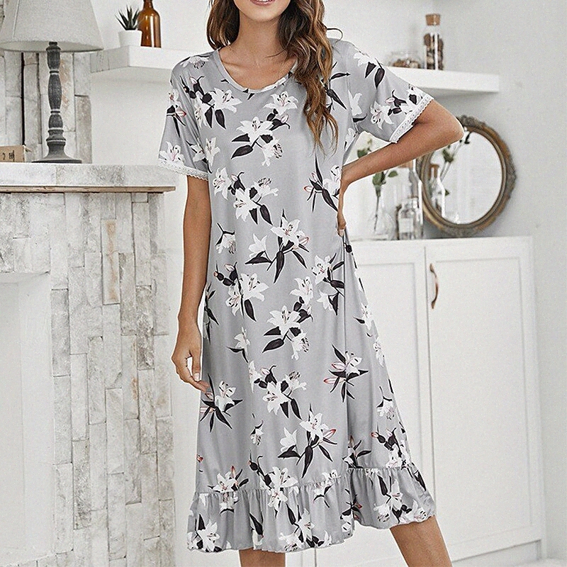 women's Breathable Gift Pajamas Nightgown Home Daily Bed Print Flower Polyester Fashion Spring Summer Crew Neck Short Sleeve X8DJ#-image-756088363
