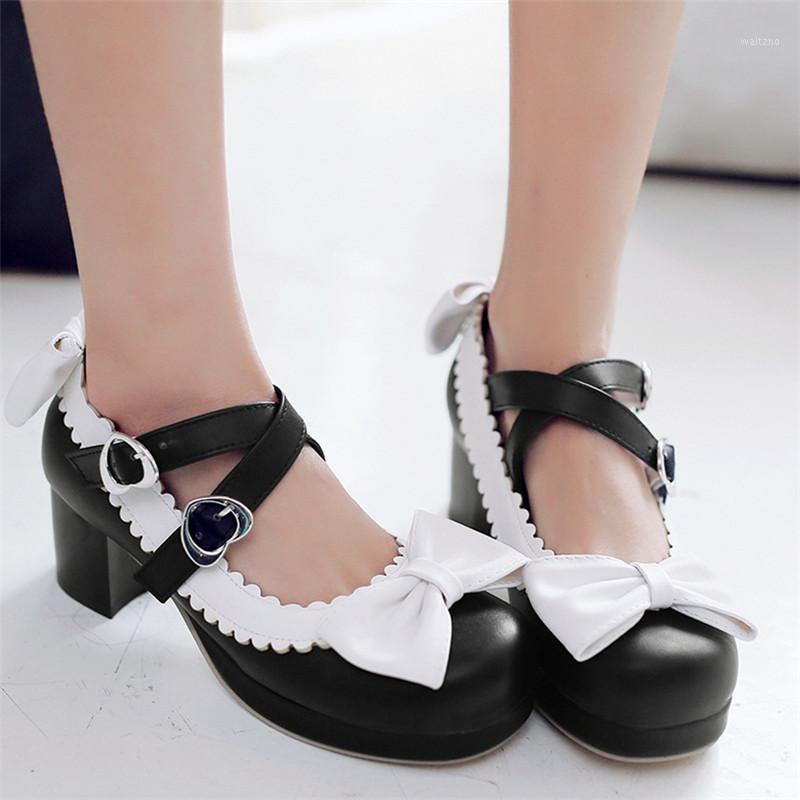 

AGODOR New Women Lolita Shoes Platform Spring Block Heels Ankle Strap Pumps with Bow Big Size1, Black