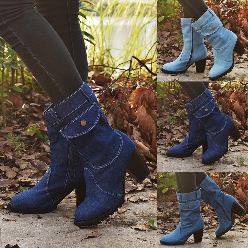 

European And American Style Large Size Boots High Heel Denim Mid-tube Women's Boots Square Heel 3 Colors Female, Blue