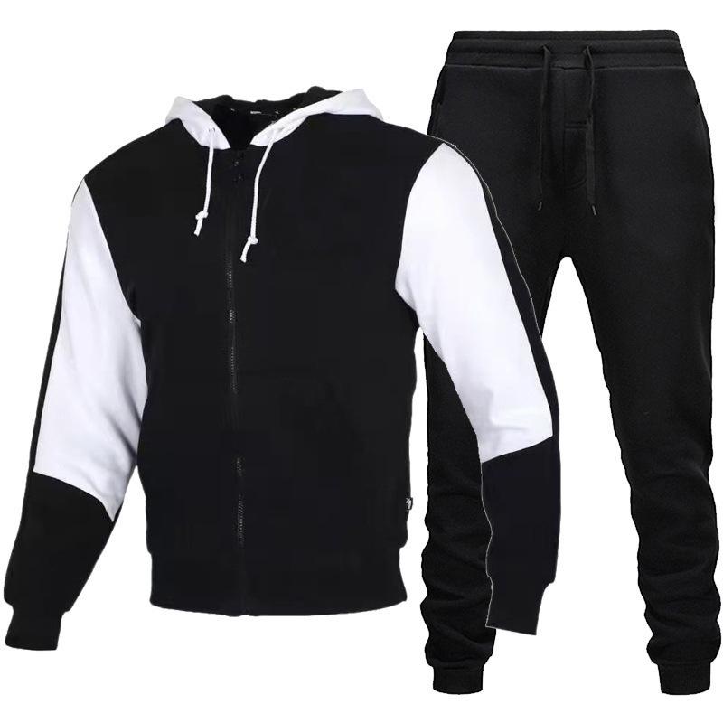 

New Men Hoodies Suit Tracksuit Sweatshirt Suit Fleece Hoodie+trousers Men's Sets Jogging Cardigan zipper Sports Male, Black
