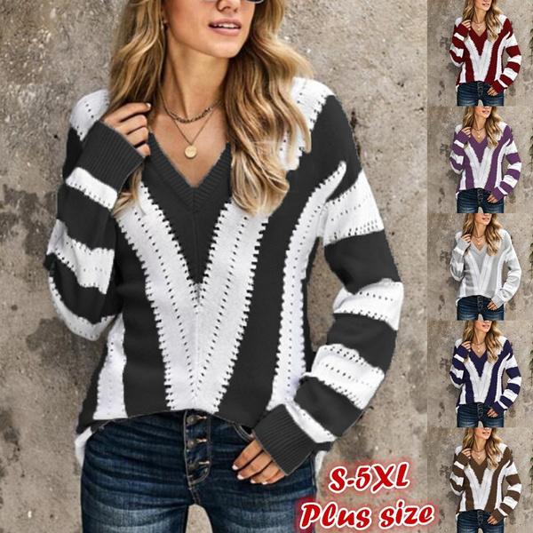 

NEW Spring Autumn Women Striped Loose Knitted Pullover Sweaters Tops Ladies Long Sleeve V Neck Geometric Casual Sweater Plus Siz, Black