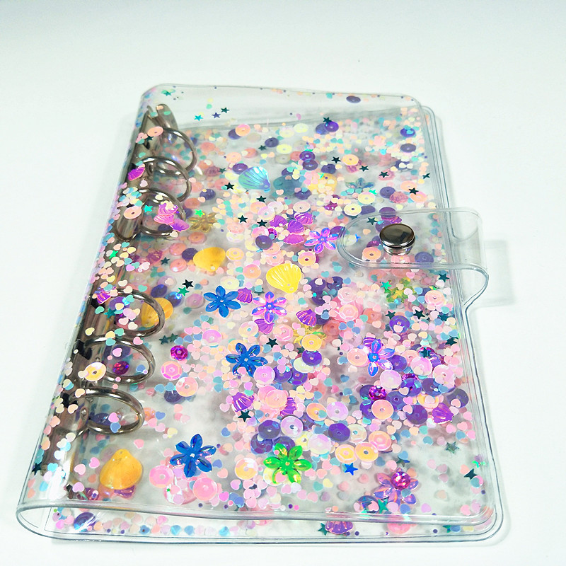 

A6 Notebook Cover Transparent PVC Glitter Sequins Notebook Shell Office School 6 Rings Binder Spiral Planner Agenda Organizer Cover, As picture