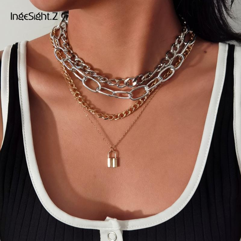 

IngeSight.Z 4Pcs/Set Multi Layered Lock Padlock Pendant Necklace Goth Gothic Thick Curb Cuban Choker Necklaces for Women Jewelry