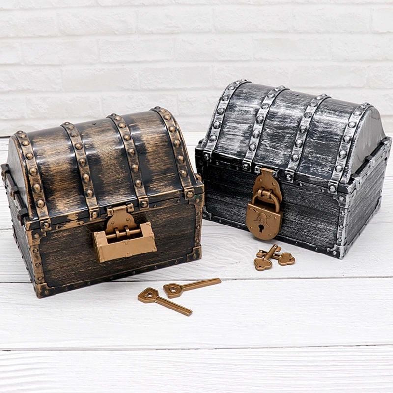 

Decorations Pirate Treasure Chest Box Gem Jewelry Trinket Keepsake Coin Cash Storage Case Kids Toys Gifts Antique Party Favors Playroom Prop