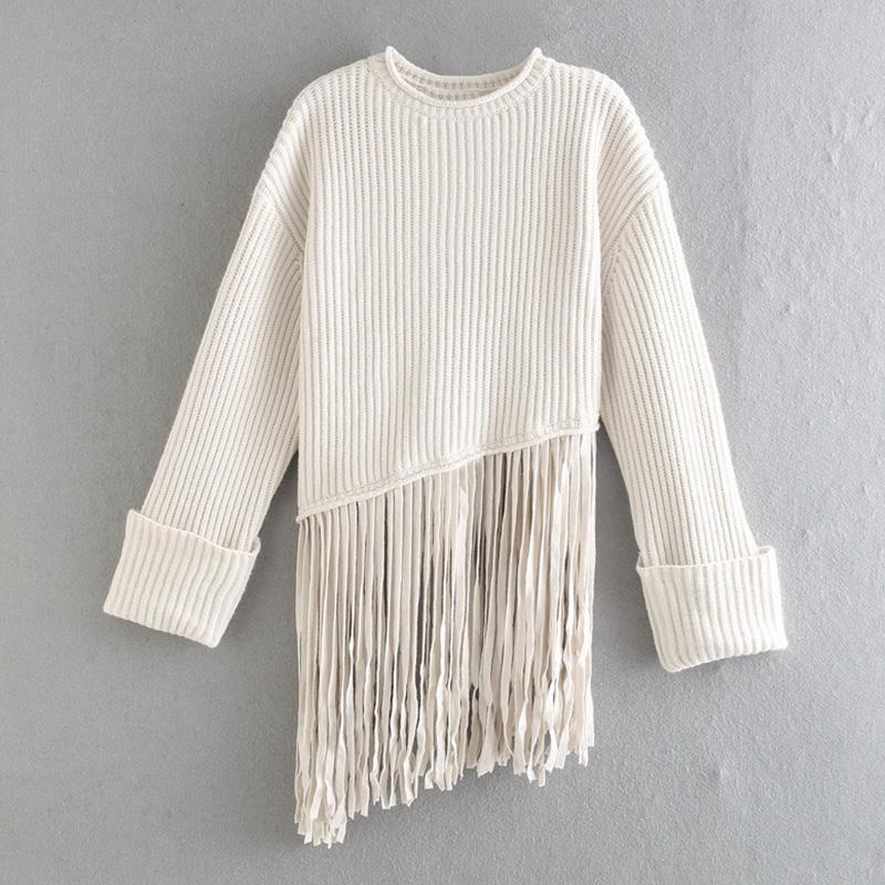 

Floy Fashion Spring O Neck Casual Loose Sweaters Women Elegant Tassel Sweater Women Pullover Solid Long Sleeve Sweaters Ladies, White