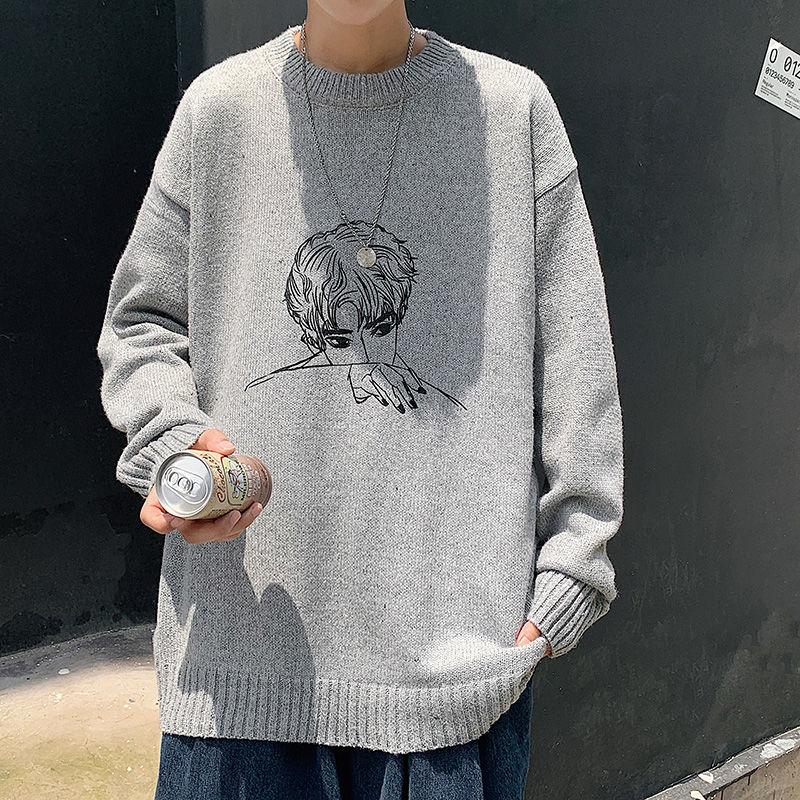

Autumn Winter Thicken Sweater Men's Loose Simple Fashion O-neck Knitted All-match Japanese Oversize Printed Figure Pullovers Men, Green