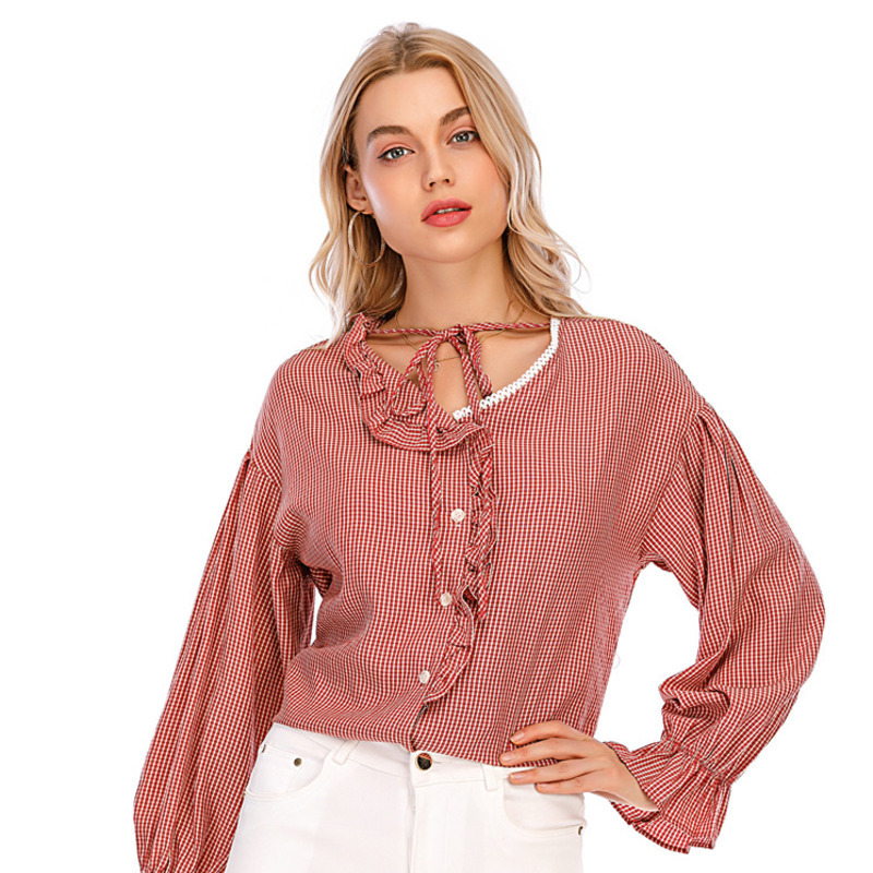 

New fashionable princess mangoes chess the neck-neck 2020 fashion female sexy blouse Spring shirt, Green