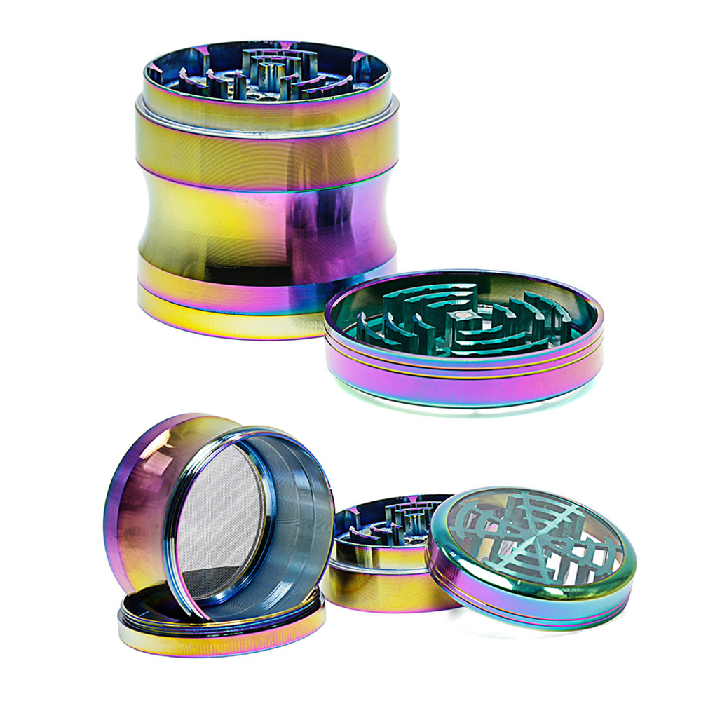 

Rainbow Color Dia 63mm Transparent Top Lid Curve Side Grinders Dry Herb Vaporizer Herb Spice Crusher Metal Grinder 4 Layers Flat Grinders