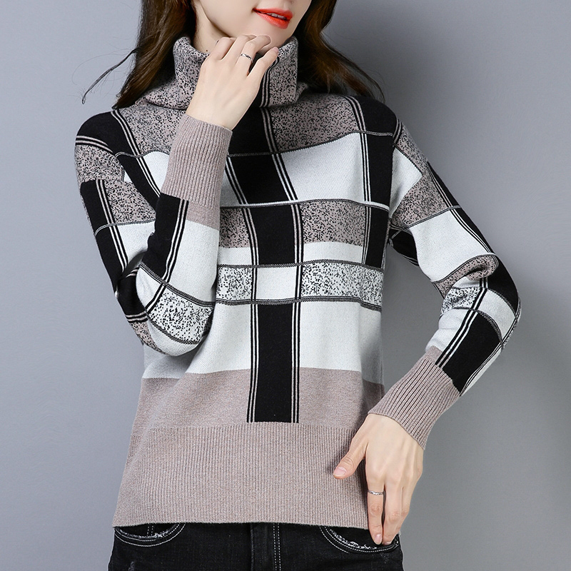 

Thick turtleneck plaid shirt woman winter high quality stack collar plus size mesh knitted female ethnic style, Caramel