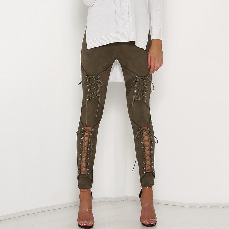 

Fashion Suede Leather Pencil Pants Lace Up Cut Out Trousers For Women Sexy Bandage Slim Pants Solid Color Women' Trousers1, Gray