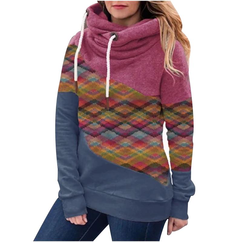 

4# Women' Turtleneck Sweater Ladies Long-sleeved Top Stitching Printed Hooded Sweater Tops Winter Clothes Women Jersey Navidad, Red