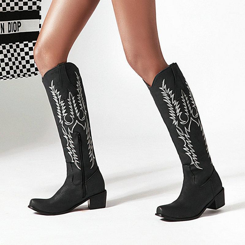 

2020 Fashion Western Cowboy Knee High Boots Women Boots Faux Leather Low Heel Long Zipper Autumn Winter Plush Woman Shoes1, Black