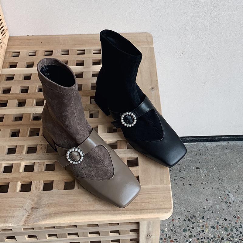 

Botas mujer ankle boots women's new winter shoes cow leather flock socks pearl buckle mary janes keep warm ladies ankle boots1, Black