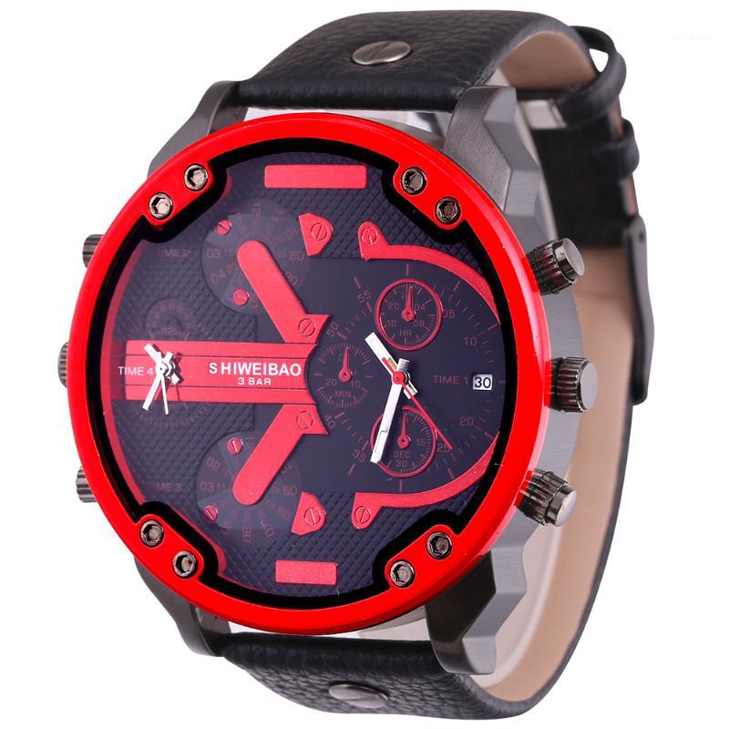 

Wristwatches 5.5cm Big Face Quartz Watch For Men Dual Times Date Men's Wrist Watches Man Black Leather Waterproof Relogio Masculino1, Red