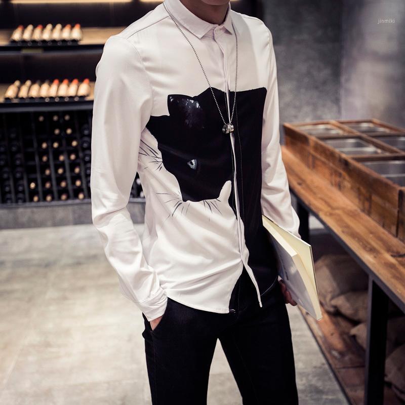 

Men's Casual Shirts Wholesale- 2021 Fashion 3D Print Animal Men Black/White Digital Cat Long Sleeve Slim Fit Men's