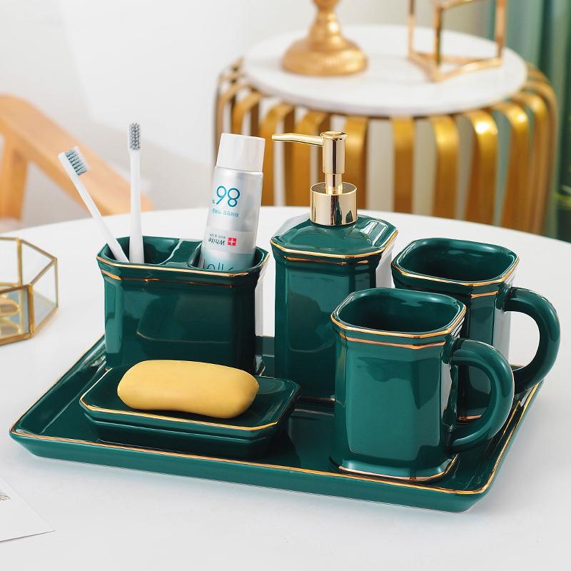 

Bathroom Set Ceramic Washing Room Suit Lotion Dispener Toothbrush Holder Gargle Soap Dish Tray Household Decorative Articles