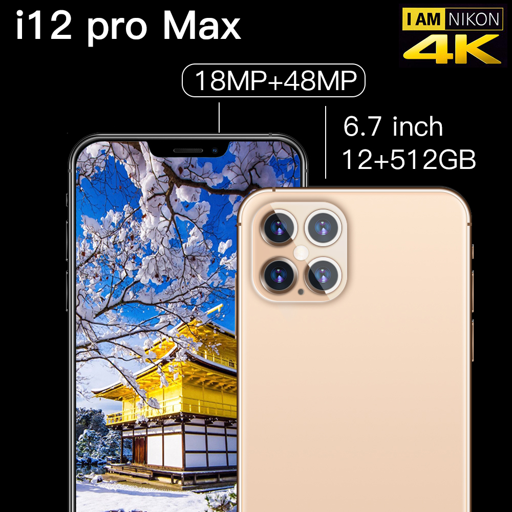 

Global Version I12 Pro Max 6.7' 4800mAh Octa Core Quad 12GB+512GB Rear Camera Android 10.0 Mobile Phone 4G LTE Smartphone, Gold