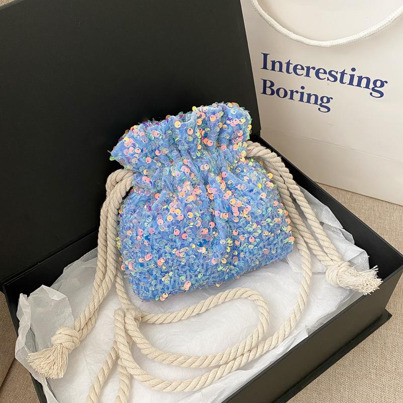 

Fashion Women Bucket Drawstring Shoulder Bag With Sequins Crossbody Bag Evening Party Colorful Purse Girl Handbags Female Clutch, Black