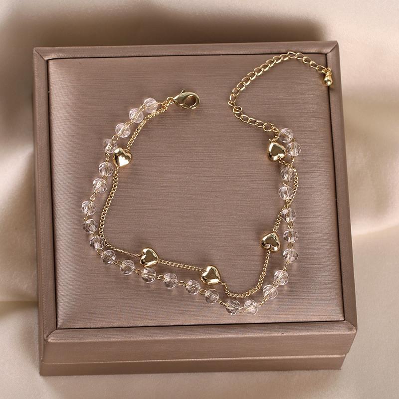 

Beaded, Strands Trendy Love Double Layer Gold Chain Crystal Beaded Bracelets For Women Lovely Sweet Lucky Girls Jewelry Gift