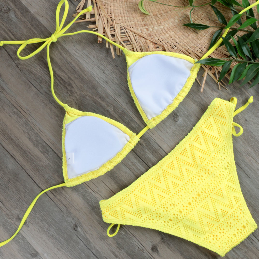 

Girls Sexy Lace Set Swimwear Yellow Push Up Swimsuit Monokini Female Beachwear Micro Brazilian Bikini Bathing Suit Y200319
