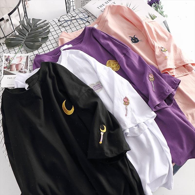 

harajuku ulzzang sailor moon t shirt women sumemr loose style moon luna cat embroidery tees shirt streetwear tumblr, White