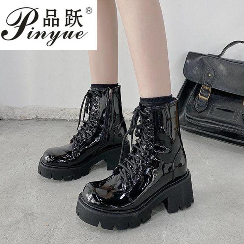 

Sale Boots Women's Spring And Autumn British Style Wild Thick Bottom Lace-up Casual Patent Leather, Single shoes
