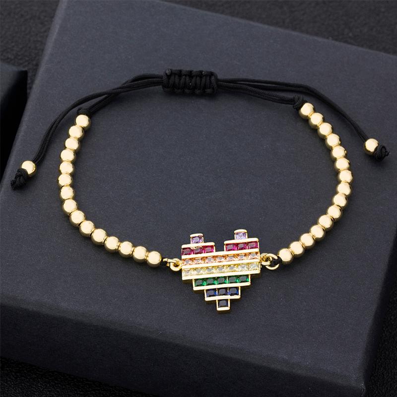 

Hot Sale Cubic Zirconia Heart Adjustable Bracelets Gold Color Copper Beads For Women CZ Wedding Engagement Party Jewelry