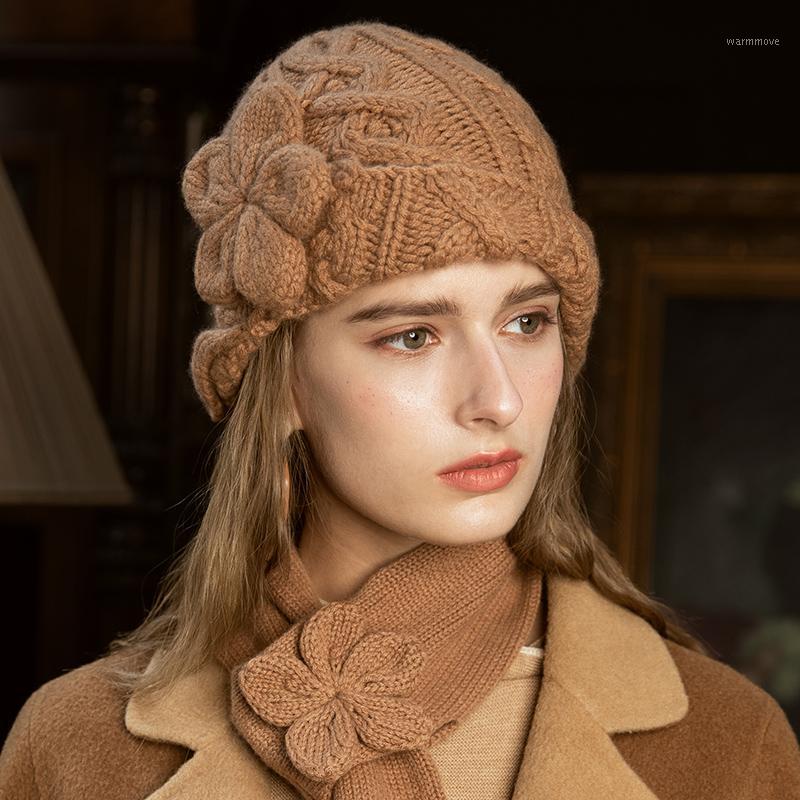 

X032 Adult Handmade Knitted Cashmere Hat Autumn and Winter Women's Retro British Hats Flower Woolen Cap Adjustable Beret Hat1, Beige