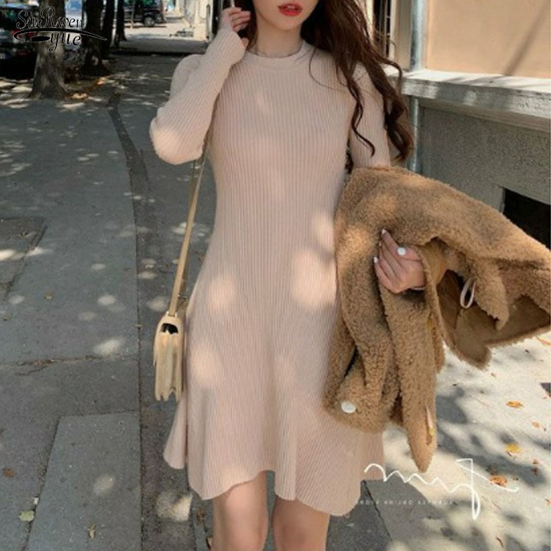 

Robe Femme Early Autumn Elegant Women Long Sleeve Knitted Dress O-neck Stripe Slim Solid High Waist Dresses Sweet 11737 210521, Black