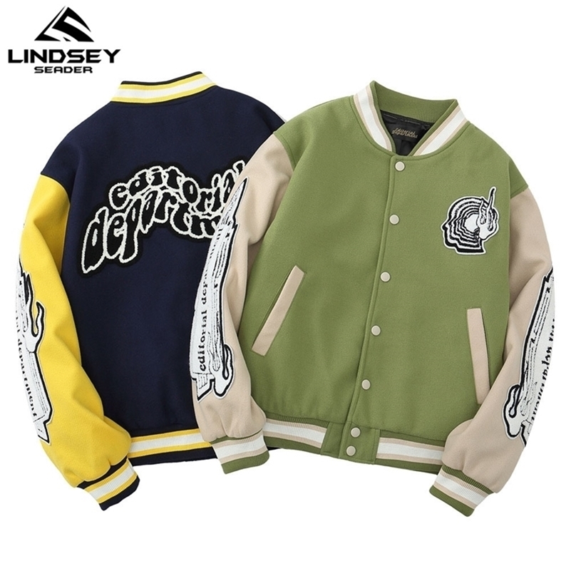 

LINDSEY SEADER Men Bomber Jacket Fleece Cotton Baseball Jackets Buttons Windbreaker Embroidery Letters Male Outwear Jacket 201105, Blue