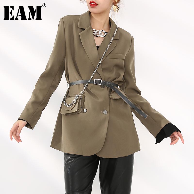 

EAM] Women Brown Bag Split Temperament Blazer New Lapel Long Sleeve Loose Fit Jacket Fashion Tide Spring Autumn 2020 1DB85016, Dark brown