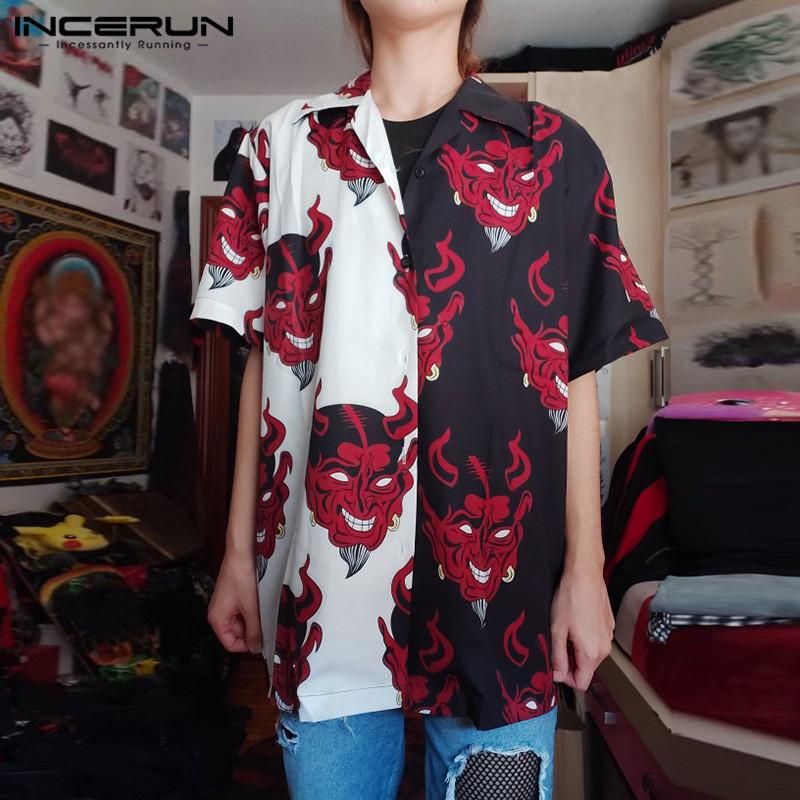 

INCERUN Men Hawaiian Shirt Patchwork Printed Streetwear Short Sleeve Lapel Beach Vacation Blouse Summer Camisa Masculina -5XL, Black