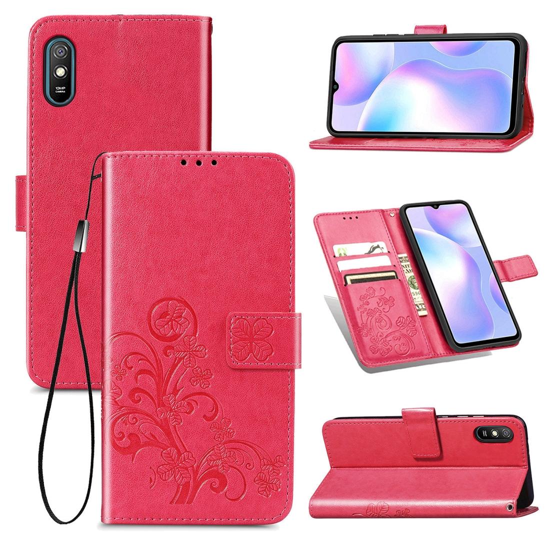 

For Xiaomi Redmi 9A Four-leaf Clasp Embossed Buckle Horizontal Flip TPU PU Leather Case with Lanyard Card Slot Wallet Holder