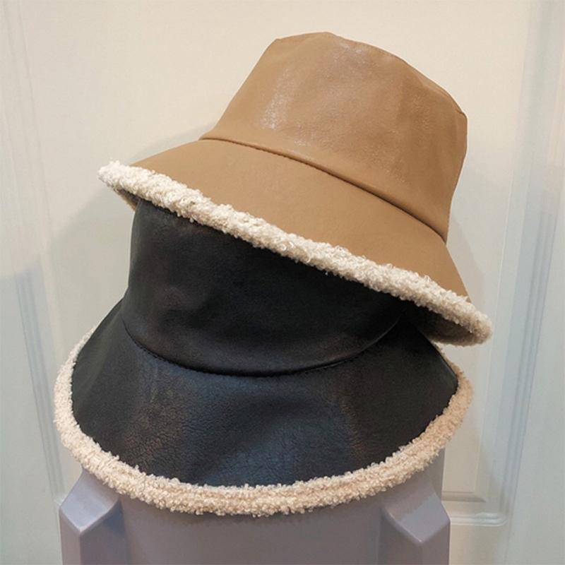 

Unisex Autumn Double Sided Reversible Bucket Hat Artificial Leather Faux Fleece Thick Warm Packable Panama Fisherman Cap, Black