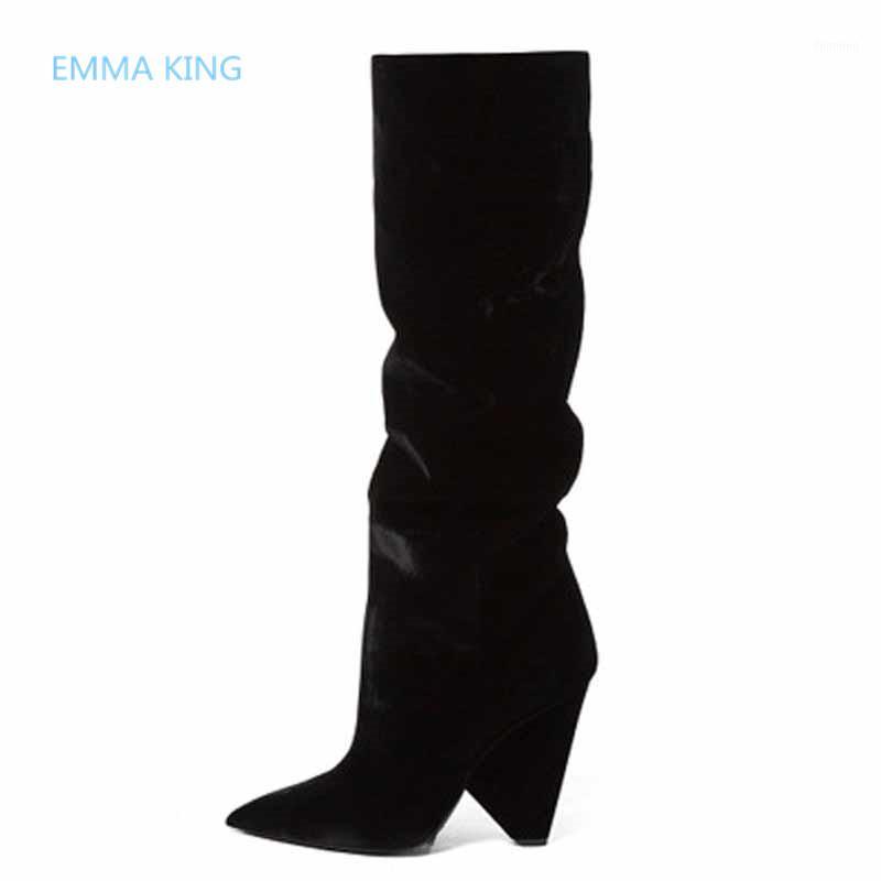 

New Luxury Black Flock Women Long Knight Boots Pointed Toe Spike Heels Designer Party Shoes Woman Winter Fashion Knee High Boots1, As shown in picture
