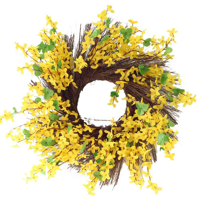 

Artificial Wreath Front Door Wreath Winter Forsythia Jasminum Fake Flower Wall Hanging Garland for Wedding Home Decor, Yellow
