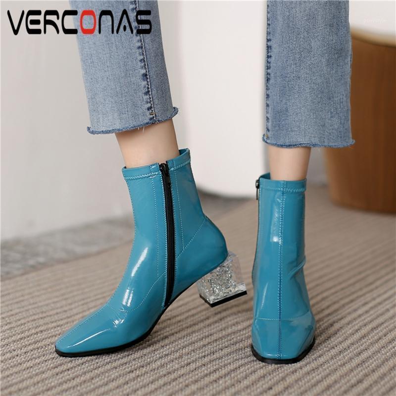 

VERCONAS Concise Women Ankle Boots Autumn Winter New Crystal Thick Heels Shoes Woman Genuine Leather Casual Office Short Boots1, Black
