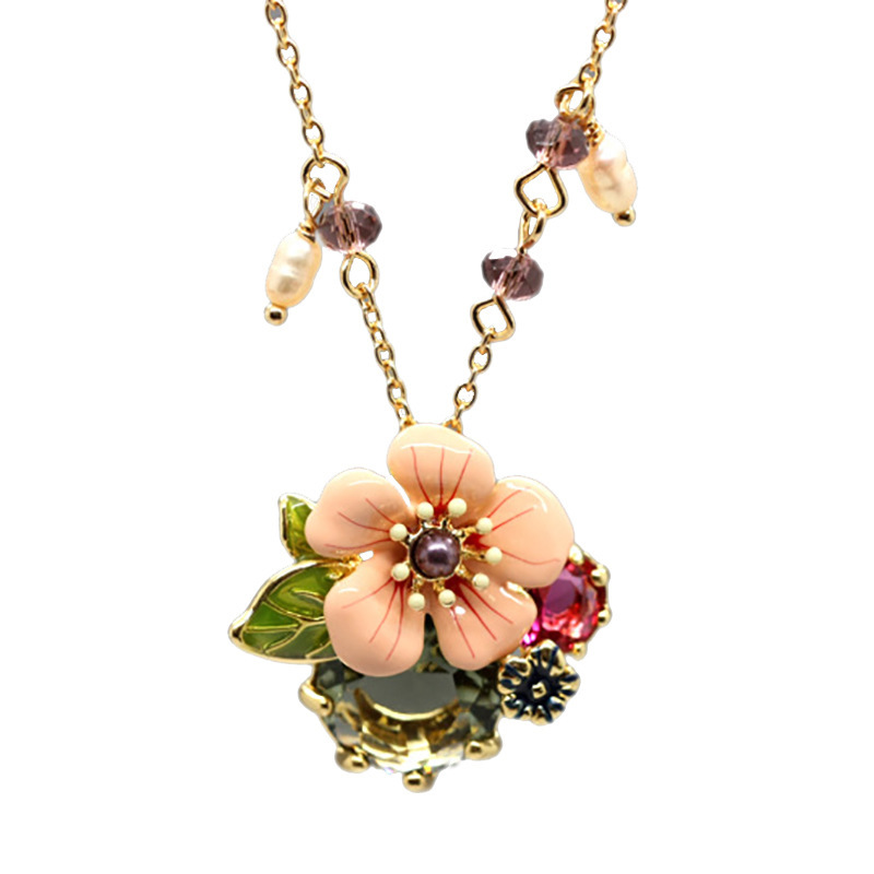 

Fashion Pink Student Colored Enamel Flower Green Leaf Pearl Crystal Necklace A9xw