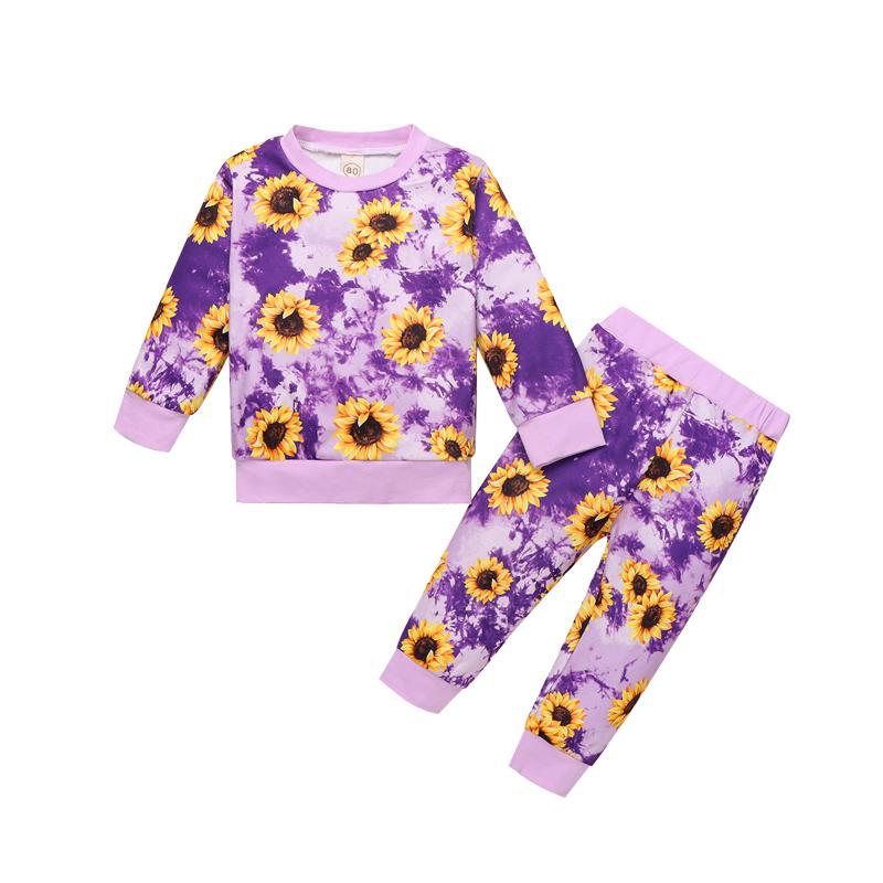 

Emmababy 2020 Autumn 6M-4Y Toddler Kids Baby Girl 2Pcs Set Sunflower Print Purple Tie Dye Long Sleeve Top+Pants Kids Clothes, As pic